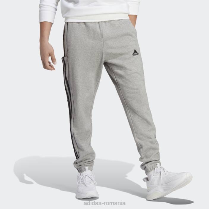 Adidas gri mediu essentials French terry manșetă elastică conică pantaloni cu 3 dungi bărbați gri mediu/negru 2JBN5363