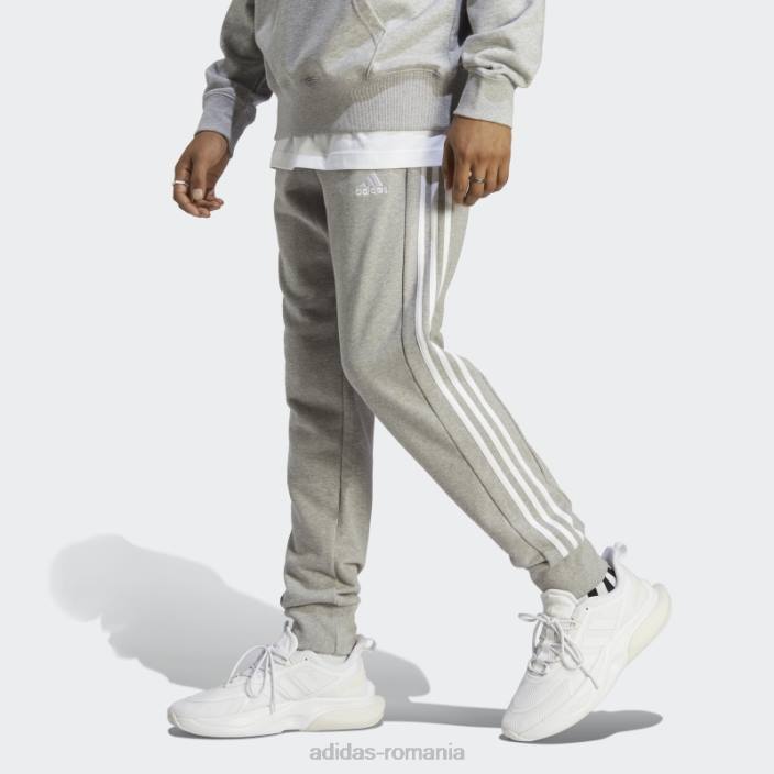 Adidas gri mediu essentials french terry manșetă conică pantaloni cu 3 dungi adidas bărbați gri mediu/alb 2JBN5577