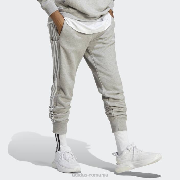 Adidas gri mediu essentials french terry manșetă conică pantaloni cu 3 dungi adidas bărbați gri mediu/alb 2JBN5577