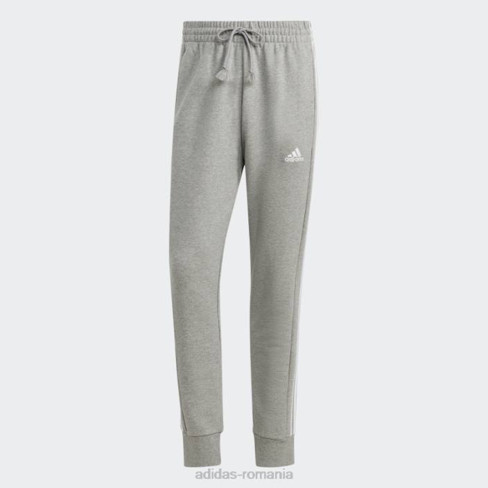 Adidas gri mediu essentials french terry manșetă conică pantaloni cu 3 dungi adidas bărbați gri mediu/alb 2JBN5577