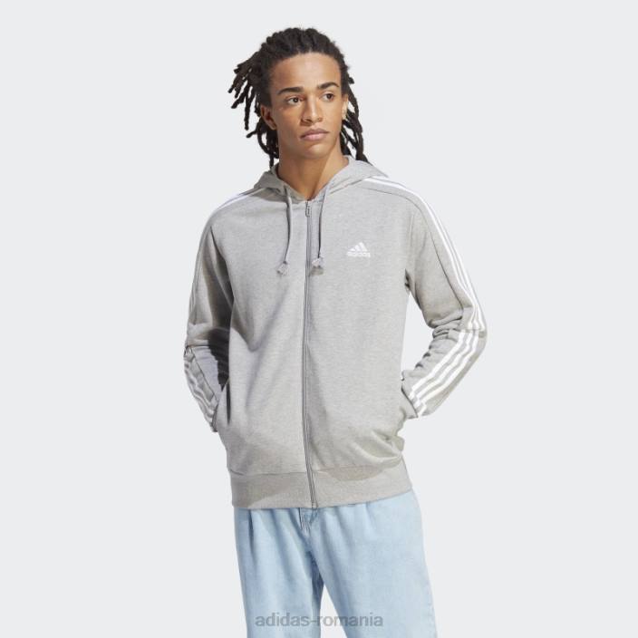 Adidas hanorac cu fermoar complet, cu 3 dungi, alb fierbinte bărbați gri mediu/alb 2JBN13356