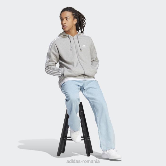 Adidas hanorac cu fermoar complet, cu 3 dungi, alb fierbinte bărbați gri mediu/alb 2JBN13356