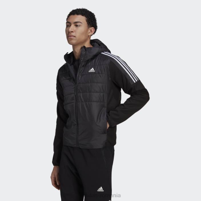 Adidas jachetă hibridă izolată cu glugă neagră essentials bărbați negru 2JBN13763