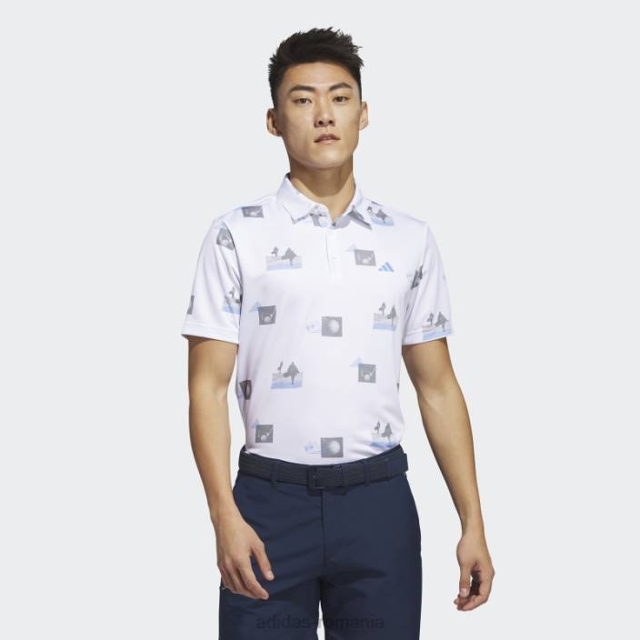 Adidas tricou polo cu imprimeu integral alb bărbați alb/albastru/gri 2JBN6241