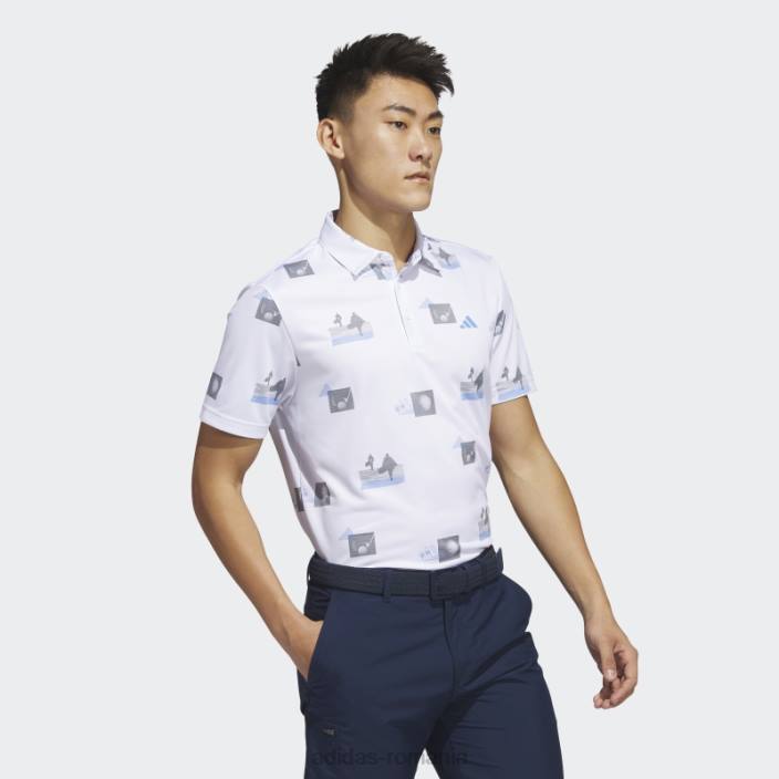 Adidas tricou polo cu imprimeu integral alb bărbați alb/albastru/gri 2JBN6241