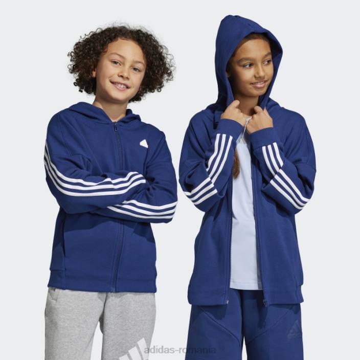 Adidas Bluză de sport cu glugă, cu fermoar complet, cu 3 dungi, pictograme de viitor albastru închis copii albastru închis/alb 2JBN18809