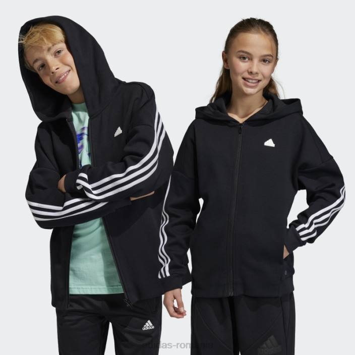 Adidas bluză de sport cu glugă, cu fermoar complet, cu iconițe negre pentru viitor copii alb negru 2JBN3346