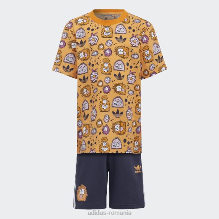 Adidas hazy orange x kevin lyons pantaloni scurți și set de tricou la modă copii portocaliu neclar/multicolor 2JBN12003
