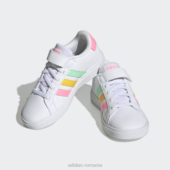 Adidas fashion beam roz grand court din dantelă elastică și pantofi cu curea superioară copii alb/mentă/roz fascicul 2JBN11396