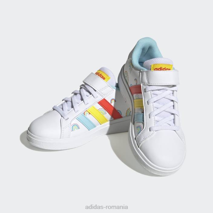 Adidas grand court stil de viață sustenabil court dantelă elastică și pantofi cu curea superioară portocaliu îndrăzneț copii alb/portocaliu îndrăzneț/galben 2JBN11134