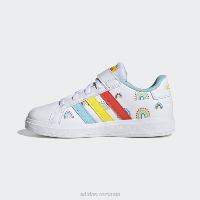 Adidas grand court stil de viață sustenabil court dantelă elastică și pantofi cu curea superioară portocaliu îndrăzneț copii alb/portocaliu îndrăzneț/galben 2JBN11134