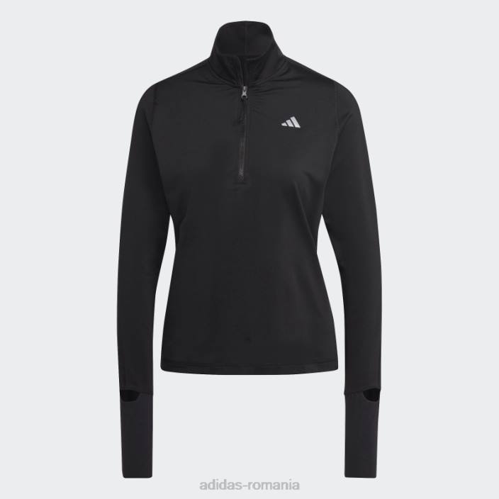 Adidas top negru cu mânecă lungă, cu jumătate de fermoar, cu alergare rapidă femei negru 2JBN10156