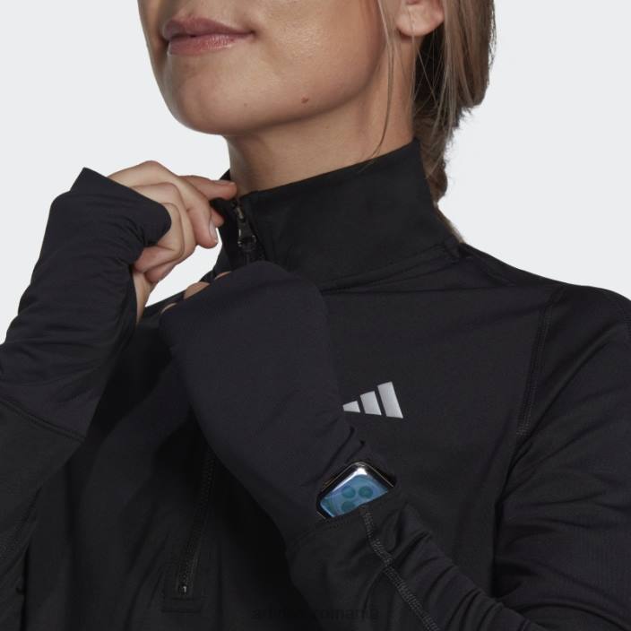 Adidas top negru cu mânecă lungă, cu jumătate de fermoar, cu alergare rapidă femei negru 2JBN10156