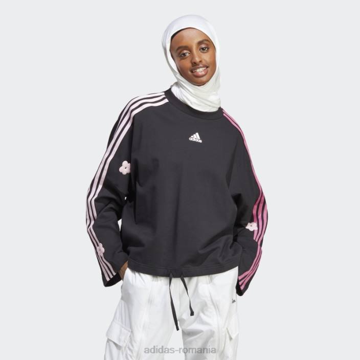 Adidas Hanorac cu 3 dungi cu flori de chenilie negre femei negru 2JBN9542