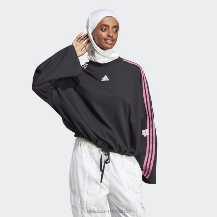 Adidas Hanorac cu 3 dungi cu flori de chenilie negre femei negru 2JBN9542
