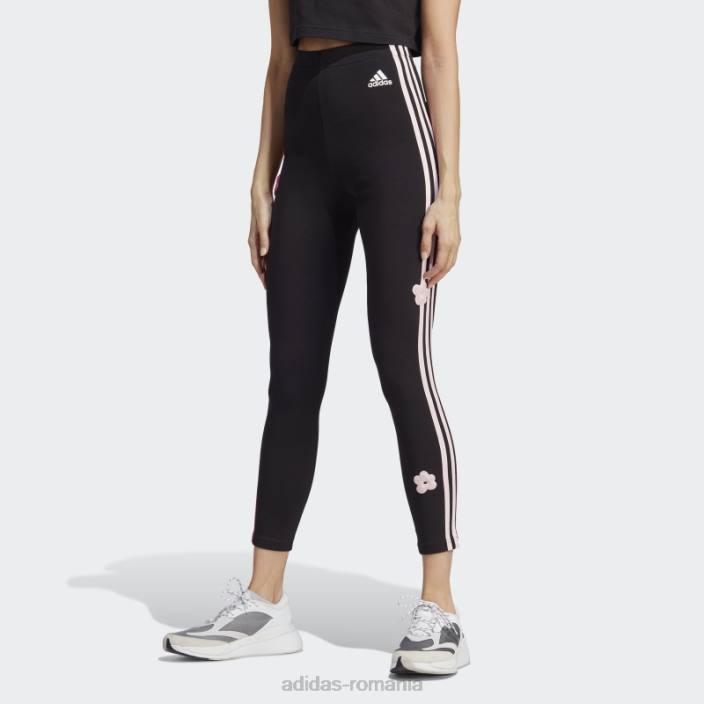 Adidas Jambiere de bumbac cu talie înaltă, negre, cu trei dungi adidas, cu flori de chenilie femei negru 2JBN9315