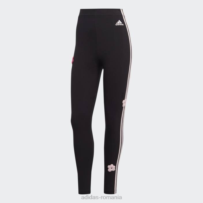 Adidas Jambiere de bumbac cu talie înaltă, negre, cu trei dungi adidas, cu flori de chenilie femei negru 2JBN9315