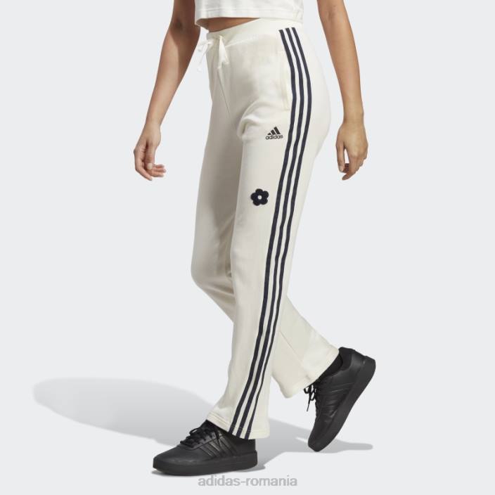 Adidas Pantaloni de jogging albi cu 3 dungi cu talie înaltă, cu flori de chenilie, adidas femei alb 2JBN9543
