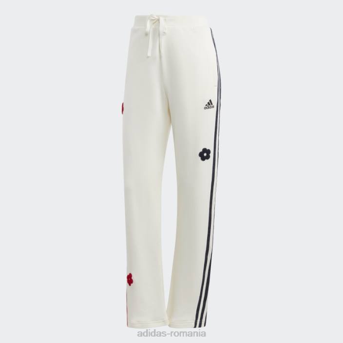 Adidas Pantaloni de jogging albi cu 3 dungi cu talie înaltă, cu flori de chenilie, adidas femei alb 2JBN9543