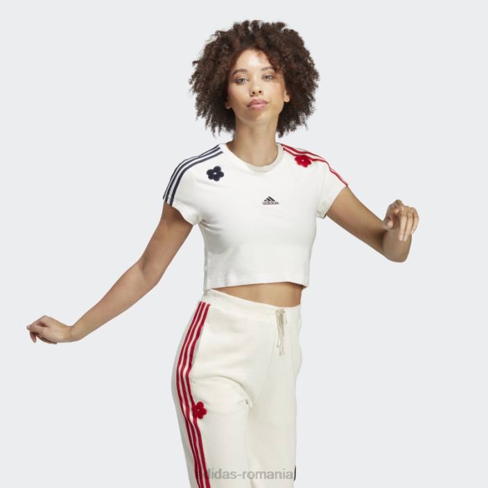 Adidas Tricou decupat alb cu 3 dungi, cu flori de chenilia adidas femei alb 2JBN9549
