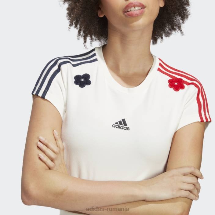 Adidas Tricou decupat alb cu 3 dungi, cu flori de chenilia adidas femei alb 2JBN9549