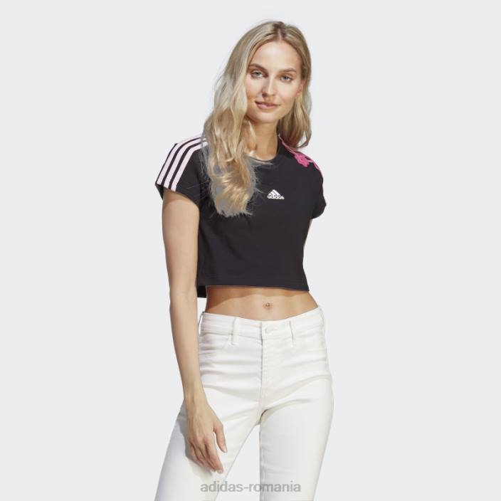 Adidas Tricou negru decupat cu 3 dungi, cu flori de chenilia femei negru 2JBN9539