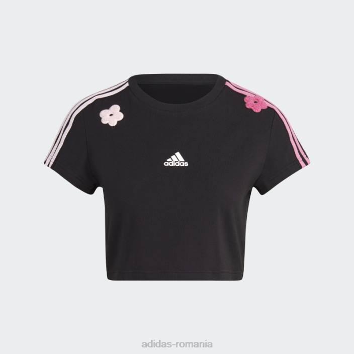 Adidas Tricou negru decupat cu 3 dungi, cu flori de chenilia femei negru 2JBN9539