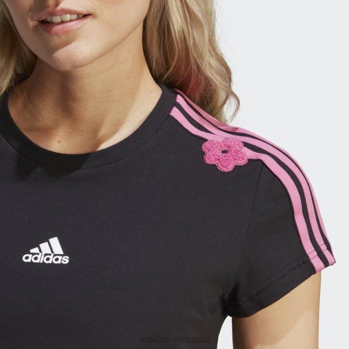 Adidas Tricou negru decupat cu 3 dungi, cu flori de chenilia femei negru 2JBN9539