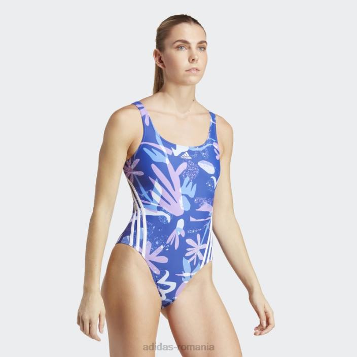Adidas costum de baie albastru cu 3 dungi florale femei albastru alb 2JBN16978