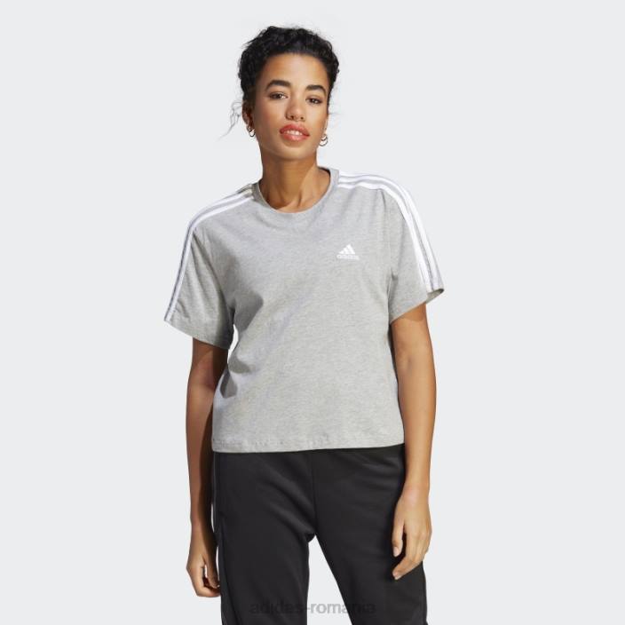 Adidas crop top din jerseu simplu cu 3 dungi essentials gri mediu femei gri mediu/alb 2JBN9509