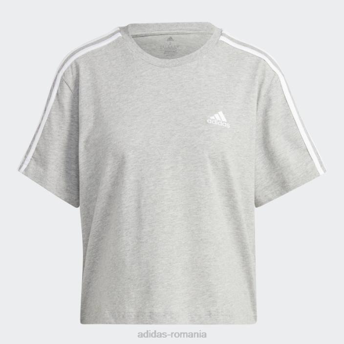 Adidas crop top din jerseu simplu cu 3 dungi essentials gri mediu femei gri mediu/alb 2JBN9509