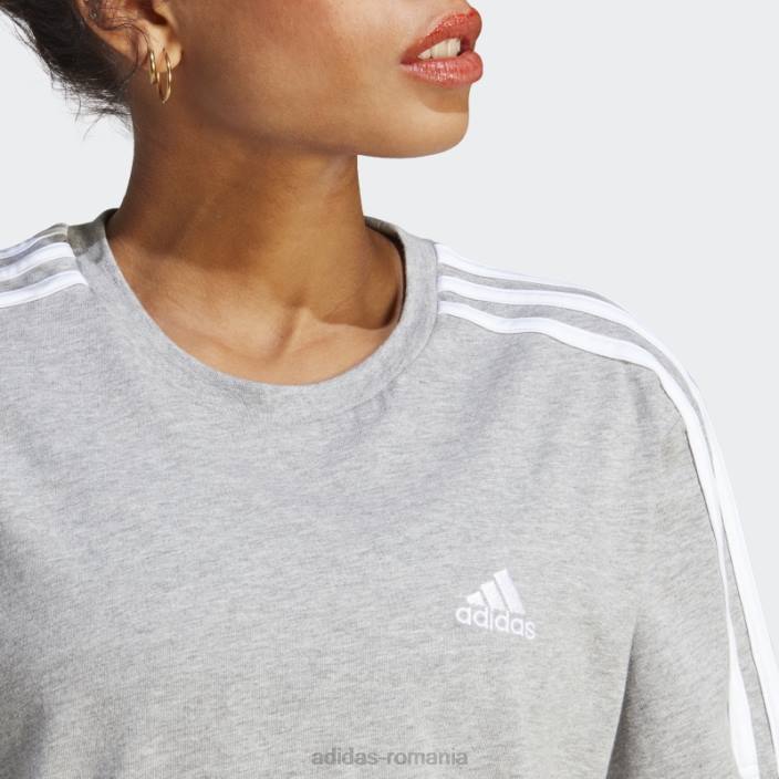 Adidas crop top din jerseu simplu cu 3 dungi essentials gri mediu femei gri mediu/alb 2JBN9509