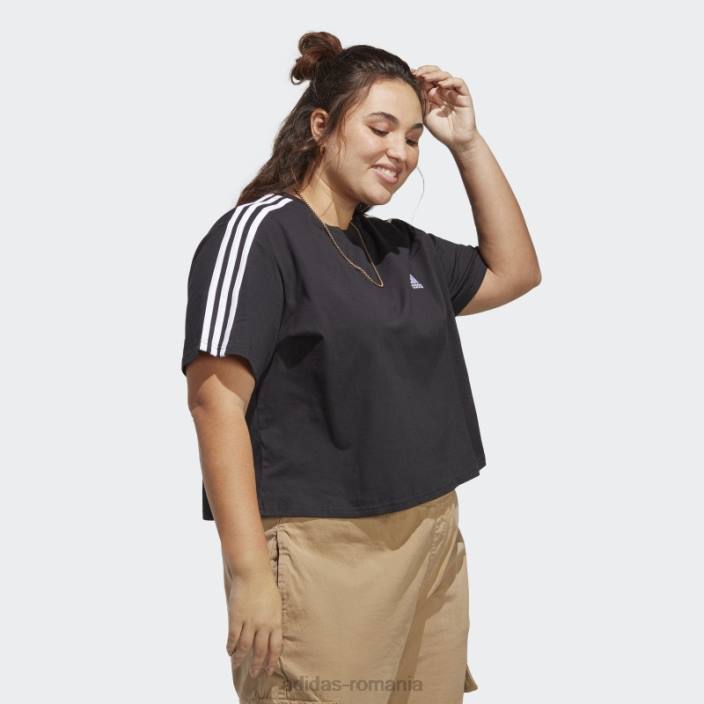 Adidas crop top din jerseu simplu cu 3 dungi (mărime plus) negru femei alb negru 2JBN17162