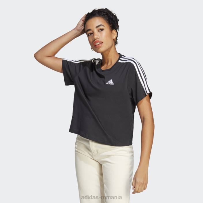 Adidas crop top din jerseu simplu cu 3 dungi, negru femei alb negru 2JBN16760