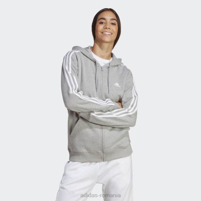 Adidas gri mediu essentials 3 dungi French Terry hanorac obișnuit cu fermoar complet adidas femei gri mediu/alb 2JBN16641