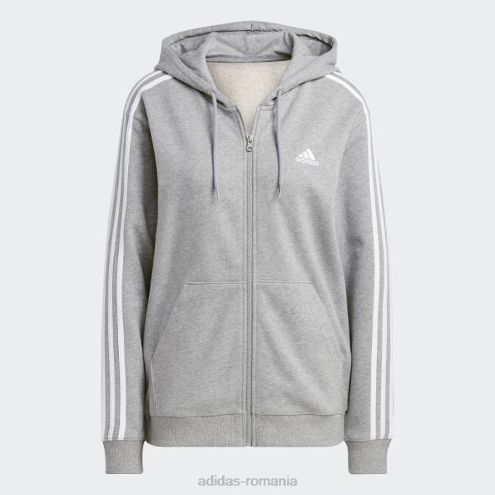 Adidas gri mediu essentials 3 dungi French Terry hanorac obișnuit cu fermoar complet adidas femei gri mediu/alb 2JBN16641