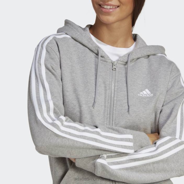 Adidas gri mediu essentials 3 dungi French Terry hanorac obișnuit cu fermoar complet adidas femei gri mediu/alb 2JBN16641