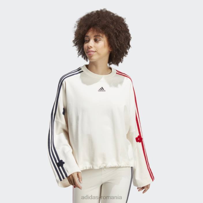 Adidas hanorac alb cu 3 dungi cu petice flori de chenilia femei alb 2JBN9622