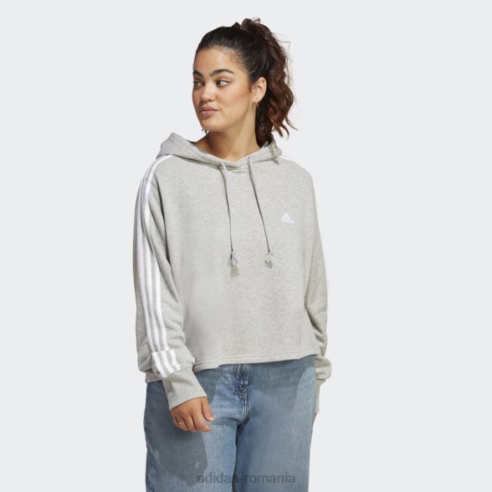 Adidas hanorac cu glugă cu 3 dungi French Terry (mărime plus) gri mediu femei gri mediu/alb 2JBN9080