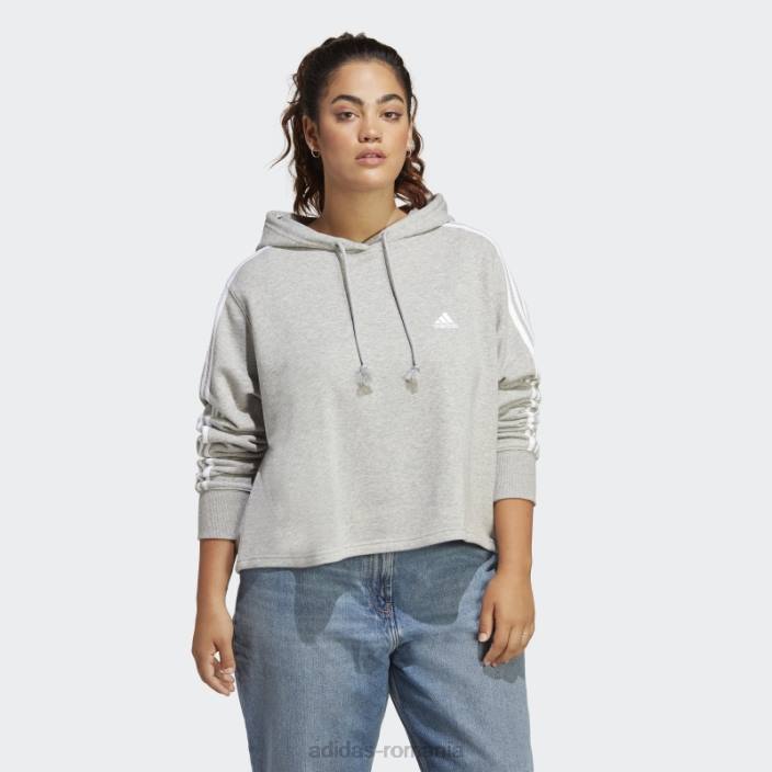 Adidas hanorac cu glugă cu 3 dungi French Terry (mărime plus) gri mediu femei gri mediu/alb 2JBN9080
