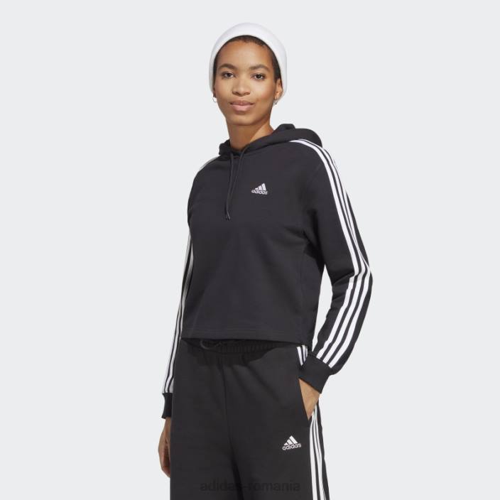 Adidas hanorac cu glugă cu 3 dungi French Terry, negru, adidas femei alb negru 2JBN17064
