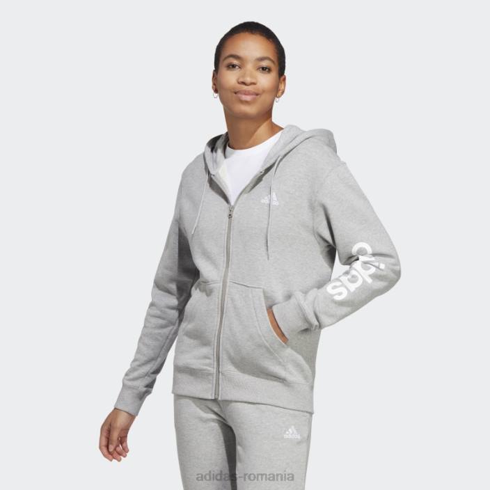 Adidas hanorac liniar cu fermoar plin, gri mediu, adidas femei gri mediu/alb 2JBN16665