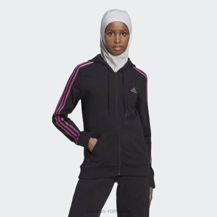 Adidas hanorac negru cu fermoar complet, cu 3 dungi femei negru/liliac 2JBN10108