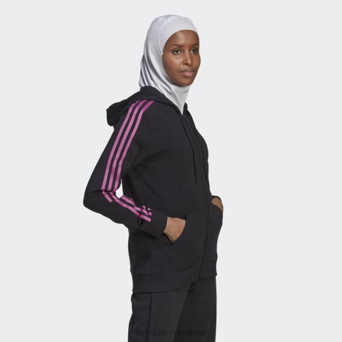 Adidas hanorac negru cu fermoar complet, cu 3 dungi femei negru/liliac 2JBN10108
