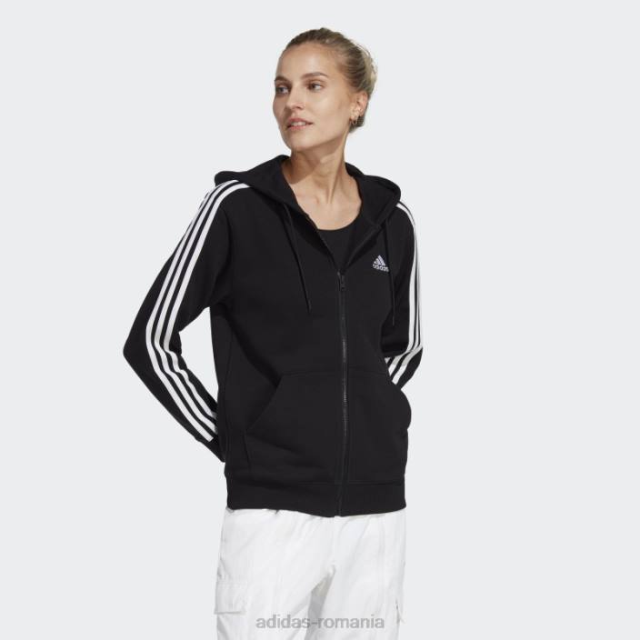 Adidas hanorac obișnuit, cu fermoar complet, cu trei dungi, negru, French Terry femei alb negru 2JBN16469