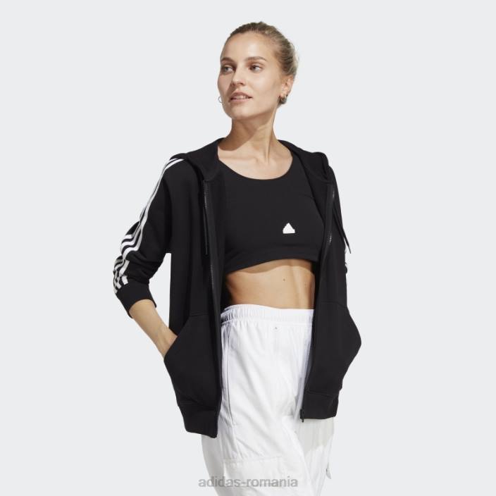 Adidas hanorac obișnuit, cu fermoar complet, cu trei dungi, negru, French Terry femei alb negru 2JBN16469