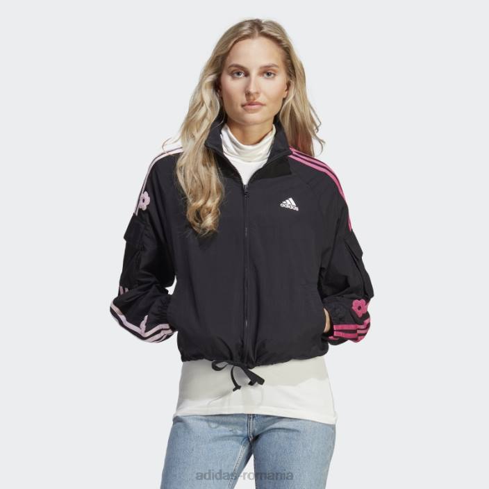 Adidas jachetă neagră, ușoară, cu 3 dungi, cu flori de chenilie femei negru 2JBN9533
