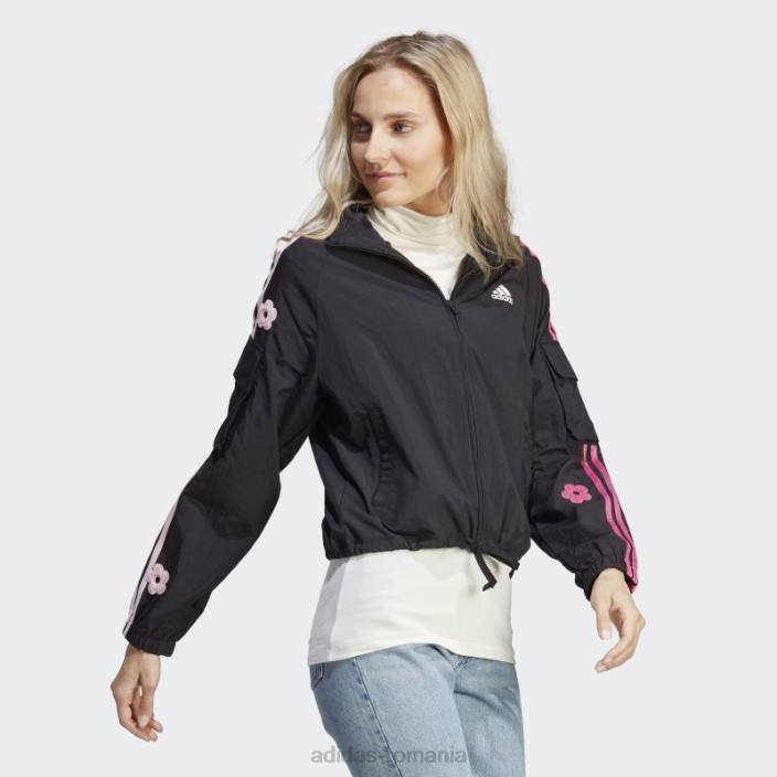 Adidas jachetă neagră, ușoară, cu 3 dungi, cu flori de chenilie femei negru 2JBN9533