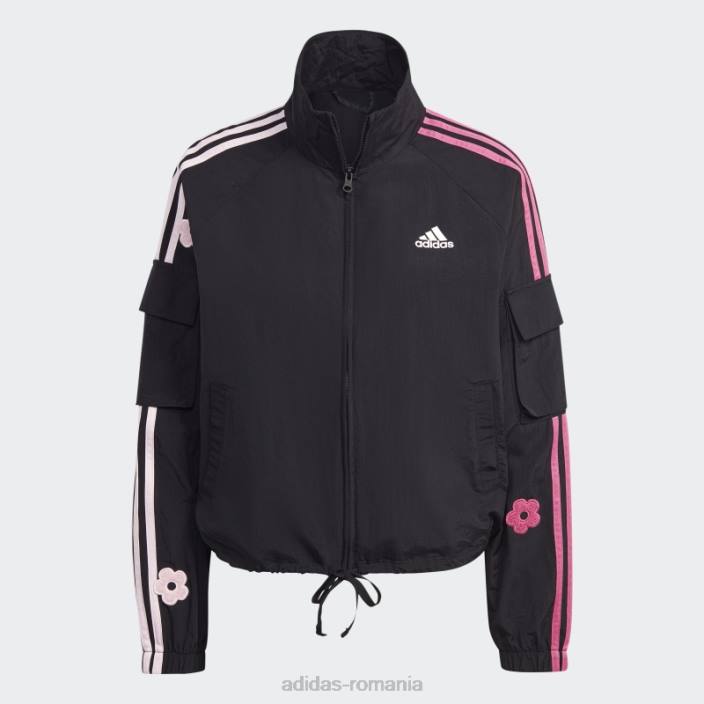Adidas jachetă neagră, ușoară, cu 3 dungi, cu flori de chenilie femei negru 2JBN9533