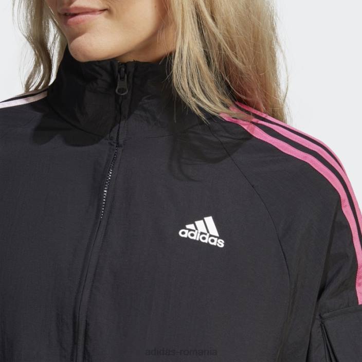 Adidas jachetă neagră, ușoară, cu 3 dungi, cu flori de chenilie femei negru 2JBN9533